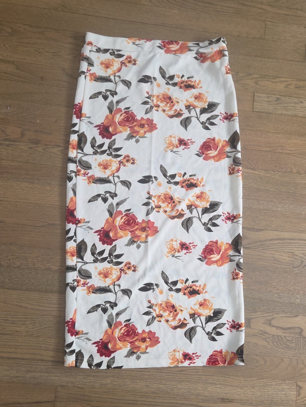 Floral Midi Pencil Skirt in White with Orange Roses